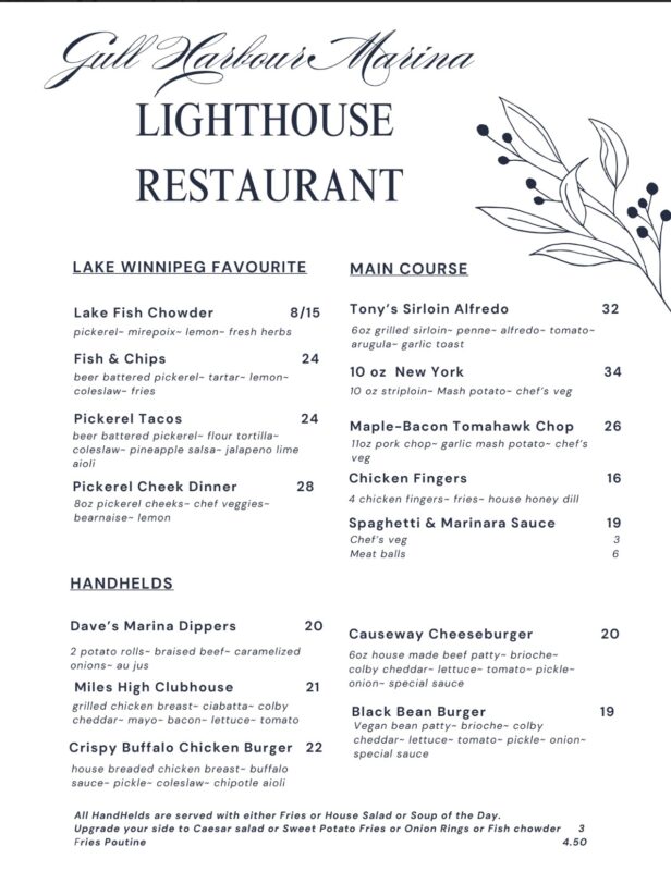 Main Courses, Burgers and Sandwiches, and Lake Winnipeg Favourites